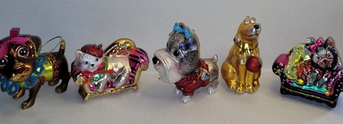 Colorful Blown Glass Christmas Ornament Puppy Dog Cat Animal Lover Lot Of 5 - Picture 2 of 14