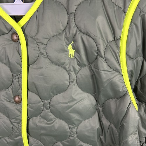 Polo Ralph Lauren Boys Neon Trim Quilted Olive Jacket Navy Size Medium 8/10 B6 - Picture 5 of 6
