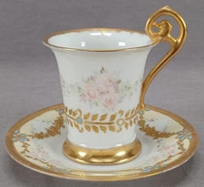 Rosenthal Hand Painted Pink Rose Raised Gold Blue Jeweled Chocolate Cup & Saucer