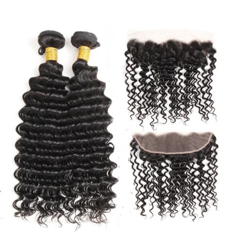 Premium Human Hair Deep Wave Natural Black 2 Bundles With 13x4 Lace Frontal - Picture 3 of 30
