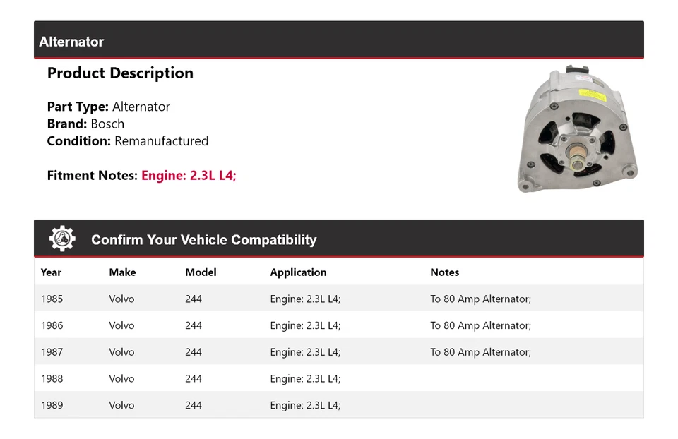 For 1985-1989 Volvo 244 2.3L L4 Bosch Alternator (Remanufactured) 1986 1987 1988 - Image 2 of 4