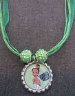 Green Ribbon Bottle Cap Bling Charm Necklace Sparkle Beads Princess Tiana & Frog