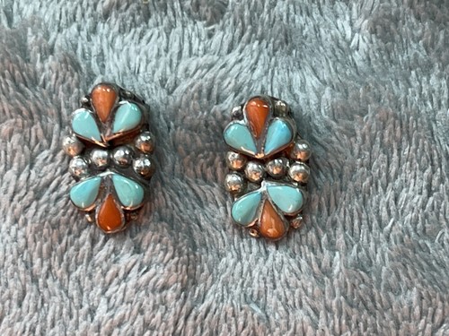 Vintage Navajo Sterling Silver Blue Turquoise Red Coral Clip Earrings !! - Picture 2 of 6