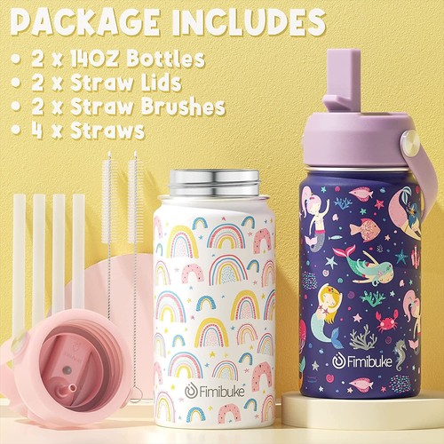 2-PK Kids Insulated Water Bottle - 14oz BPA-FREE Double Wall Tumbler Leak Proof - Picture 4 of 8