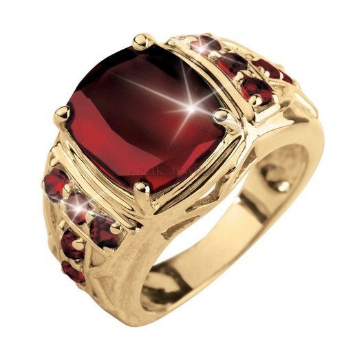 Natural Garnet Gemstone with Gold Plated 925 Sterling Silver Ring for Men's #860 - Afbeelding 1 van 4