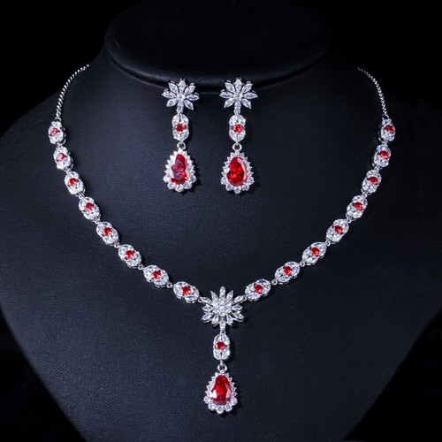 Royal Blue CZ Elegant Flower Drop Women Necklace and Earrings Party Jewelry Sets - Bild 3 von 7