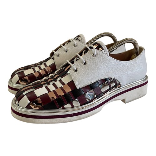 POLLINI Size 39 Laced Leather Shoes Burgundy Silver Woven Plaid Derby - Picture 9 of 10