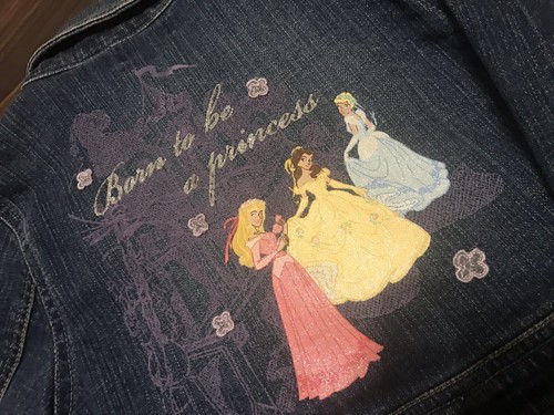 Disney Princess Denim Cropped Jacket Belle Cinderella Sleeping Beauty EUC L10/12 - Picture 1 of 7