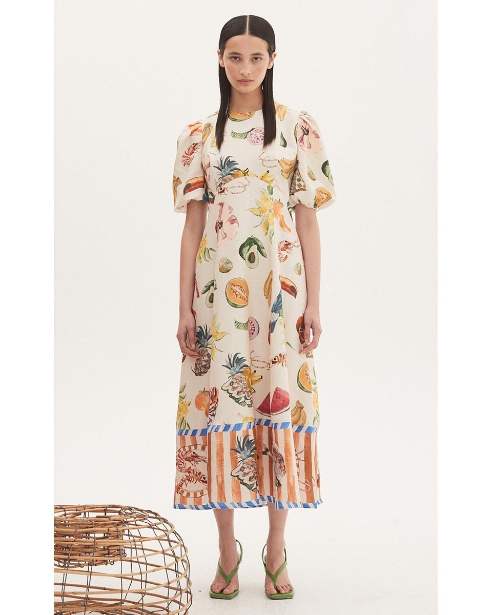 NWT Alemais Theo Midi Linen Cotton Dress US0/AU4 Fruit