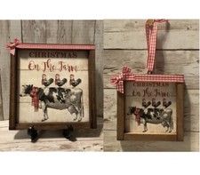 CHRISTMAS FARMHOUSE SET 8  CHRISTMAS COW SIGN PLAQUE W/ EASEL  4  ornament