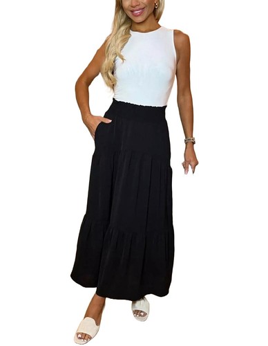 Maxi falda acampanada transparente cintura elástica línea A falda plisada con bolsillo para mujer - Imagen 3 de 10