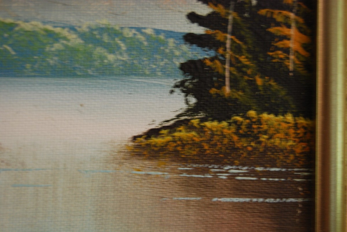 アンティーク絵画　油彩　アメリカ　森林と川　風景画　Antique　ヴィンテージ SMALL VINTAGE 1970'S FRAMED ORIGINAL OIL MOUNTAINS FOREST