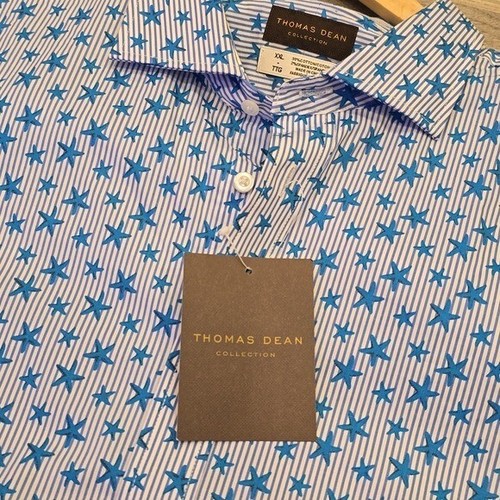 Thomas Dean Mens Button Front short sleeve blue stars & stripes Shirt XXL Summer - Picture 4 of 5