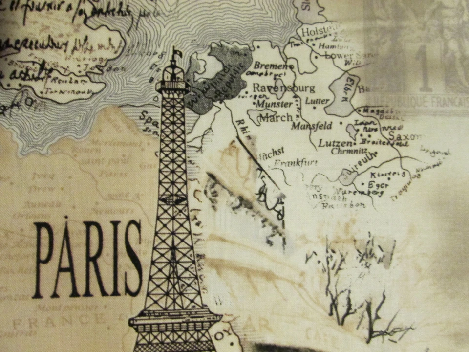 VINTAGE PARIS EIFFEL TOWER MAP SCRIBE TANS COTTON FABRIC BTHY - Image 2 of 4