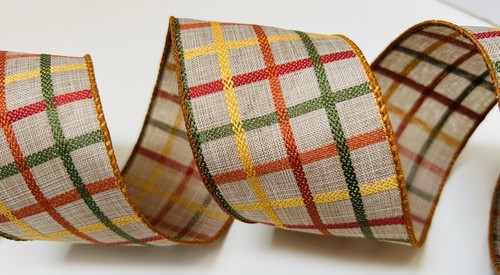 9 YD 2.5”w Linen Beige Fall Plaid Green Yellow Orange  Ribbon Wired Edge - Picture 6 of 6