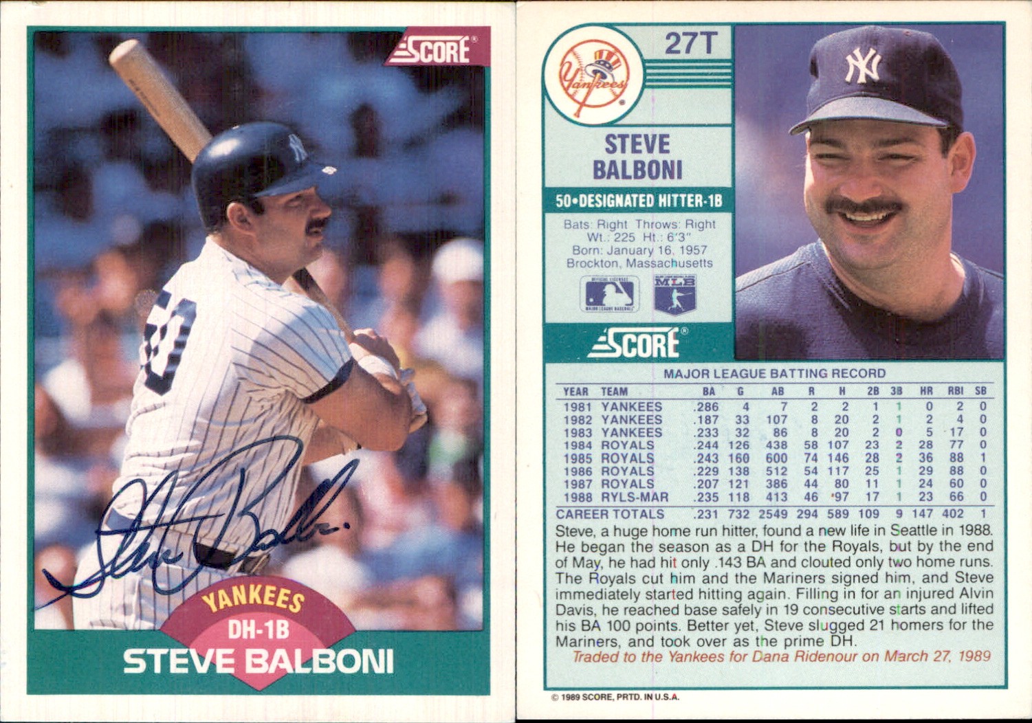 Steve Balboni Signed 1989 Score Rookie & Traded #27T Card Yankees Auto AU