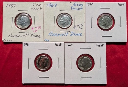 Roosevelt Silver Dimes, Gem Proof 1957, 1960, 1961, 1964 x2, 90% Silver Coins