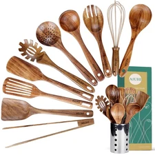 Kitchen Utenails Set with Holder,Kitchen Wooden Utensils for Cooking, Wood Ut...
