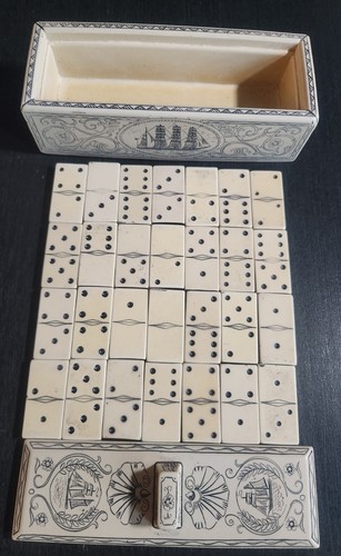 COMOYS OF LONDON VINTAGE FAUX SCRIMSHAW DOMINO SET NAUTICAL SOAPSTONE COMPLETE - Picture 8 of 9