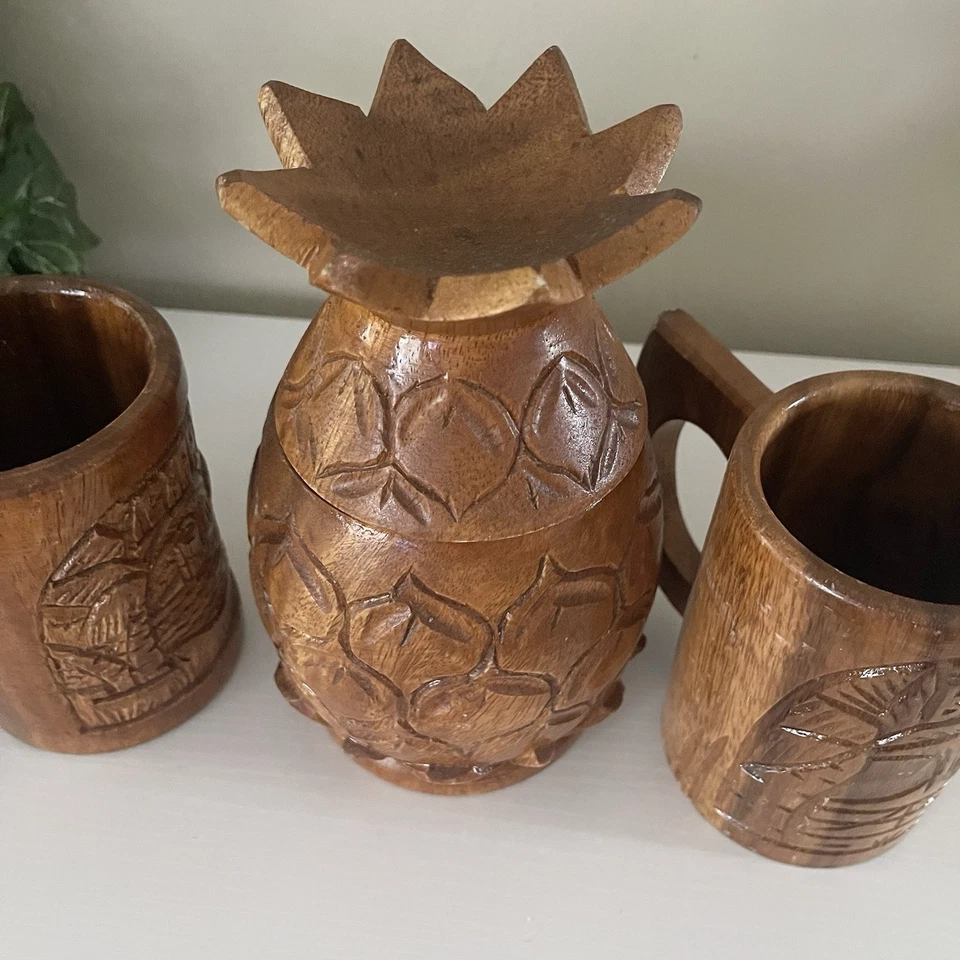 Vintage Carved Wooden Mug Set Bahamas Islands Tiki Tropical Pool Varnished - Image 4 of 4