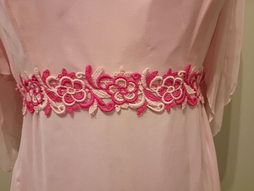 Abito damigella rosa vintage anni 70 chiffon overlay - Union Made - vita impero - Foto 2 di 13