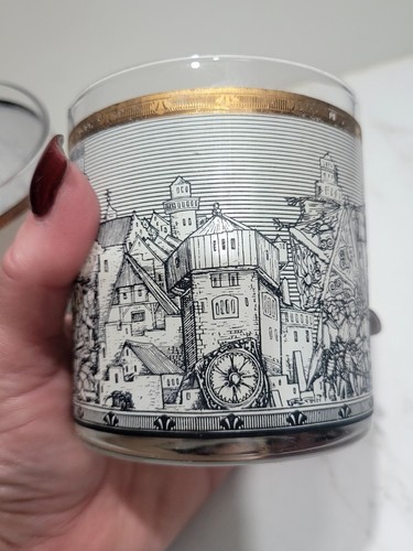 Vintage Cera Medieval Black White Gold Lowball Tumblers Barware 10 Oz. Set Of 2 - Picture 10 of 16