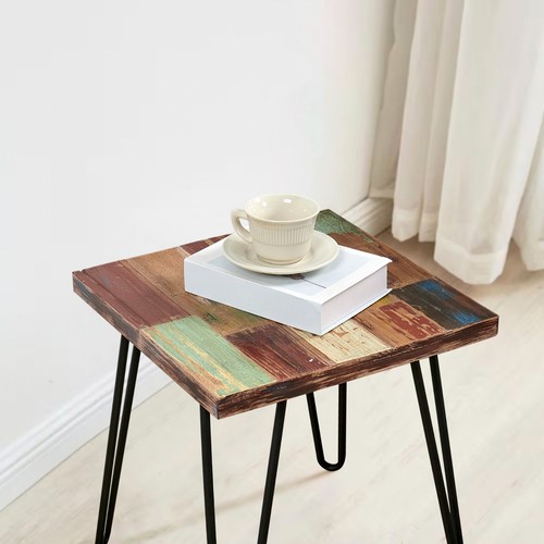 Greenage Reclaimed Wood Side Table with Carving Square Hairpin Legs End Table - Picture 17 of 19