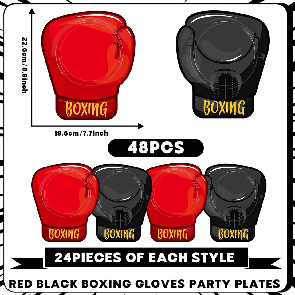 48 PIEZAS Boxeo Cumpleaños Fiesta Suministros Rojo Negro Boxer Guantes Platos Lucha Pestaña Foto 2 de 4