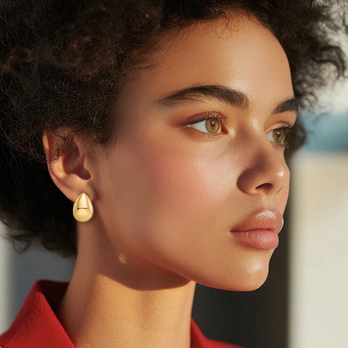 14K Solid Yellow Gold Teardrop Omega Clip Back Dangle Earrings - Picture 5 of 11