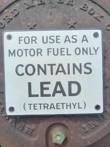Vintage Porcelain Enamel Motor Fuel Contains Lead Tetraethyl Gas Pump Sign