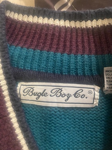 Vintage 90s Bugle Boy Knit Sweater Embroidered Crest Turquoise Green Men’s Large - Picture 5 of 9
