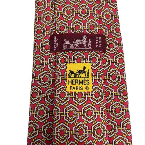 Hermes Men's Tie Chain Links "H" Logo Red/Yellow Silk 7761 FA 3.5" (W) 55.5" (L)
