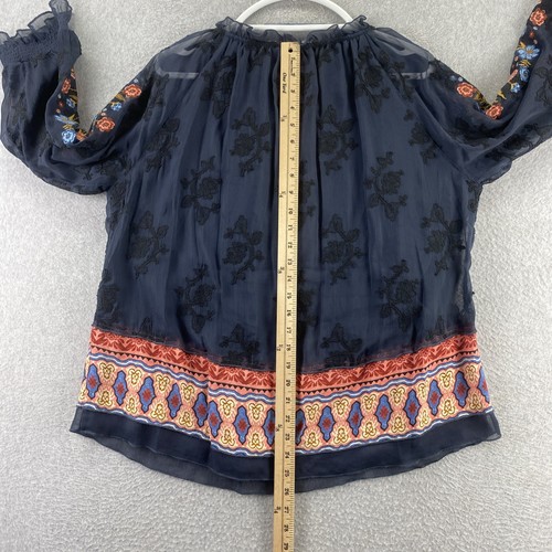 John Mark Embroidered Peasant Top Blouse Large Floral Tie Front Pullover - 第 12/12 張圖片