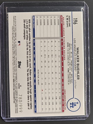 2024 Topps #196 Walker Buehler Blue Holofoil #/999 - Picture 2 of 2