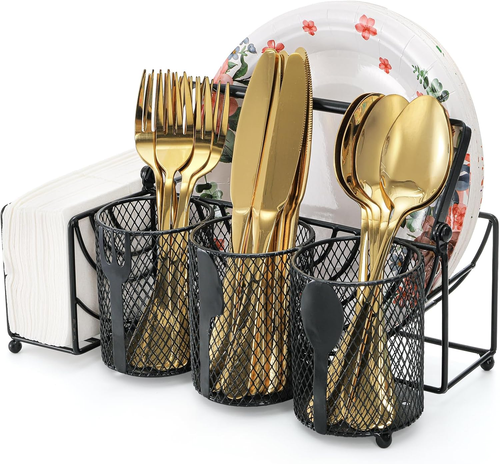 Metal Utensil Caddy with 5 Compartments, Black Mesh Silverware Caddy Organizer, - Picture 11 of 12