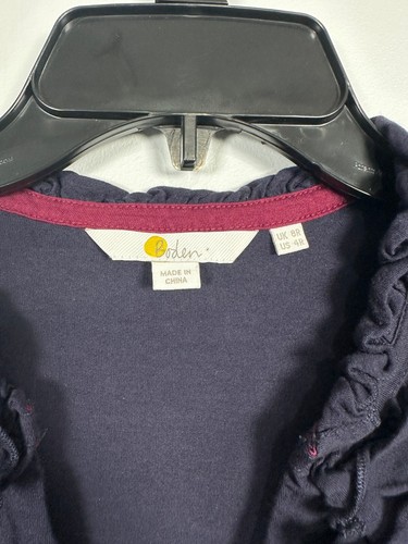 Boden 4R Top Women Shirt Long Sleeve Navy Blue Button Ruffle V-Neck Cotton Blend - Picture 4 of 11