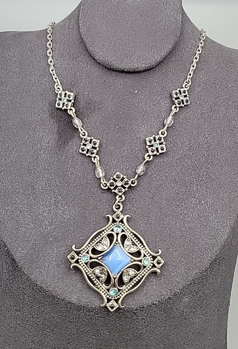 Avon NR Pendant Necklace Art Deco Y Drop Blue Medallion 15" Silver Tone Vintage - Picture 3 of 7