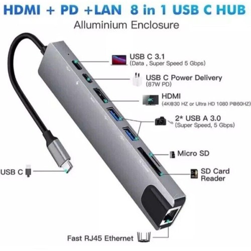 USB-C Hub 8-in-1 Verteiler HDMI, LAN, USB &Typ-C Anschlüsse Micro SD Kartenleser - Bild 3 von 6