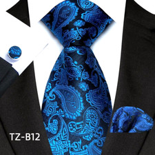 New Classic Paisley Blue Jacquard Silk Men's Tie Necktie Hanky Cufflink Set