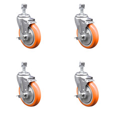 5 Inch SS Orange Polyurethane Wheel Swivel ½ Inch Threaded Stem Caster Set Brake