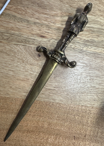 BRASS Soldier in full armor, helmet Vintage Letter Opener England 10"h 54K - Picture 2 of 9