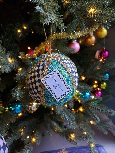 Mackenzie Childs Blue Granny Kitsch Patchwork Ball Ornament Courtly Check - Picture 2 of 4