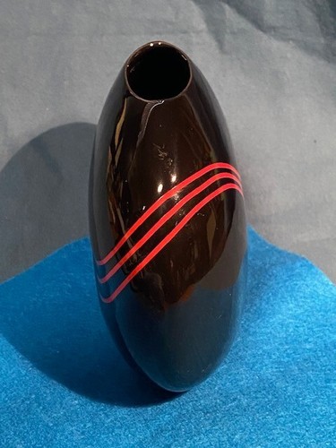 Jarrón Toyo porcelana negro con rayas rojas delgado redondo Art Deco Japón - Imagen 4 de 9