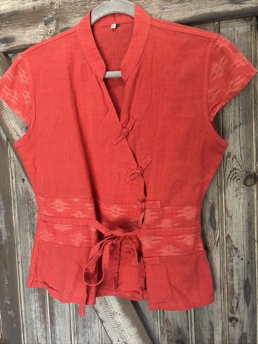 Linen Cap Sleeve Tie Kimono Top Asian Inspired Coral Wrap Burnt Orange Boho XL - Picture 21 of 22