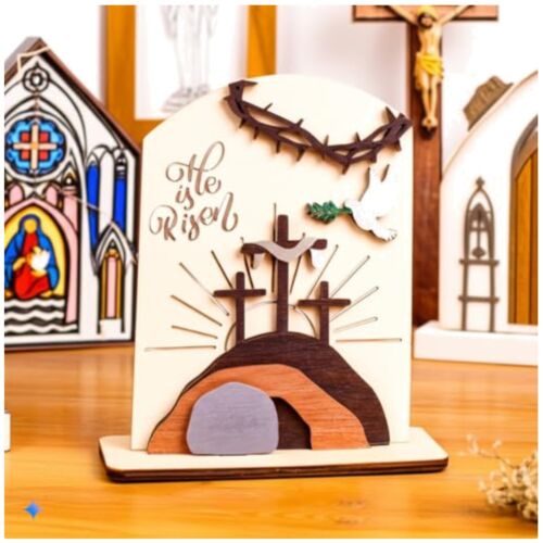 He Is Risen Wooden Easter Decor – Christian Resurrection Scene with Empty Tom...