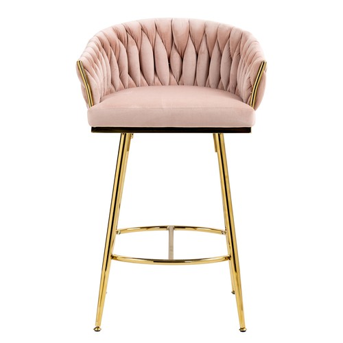 2Set Counter Height Bar Stools Pink Velvet Upholstered Barstools Gold Metal Legs - Picture 2 of 9