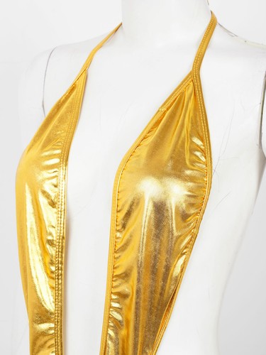 Damen Brasilianisch Glänzend Metallic Neckholder Dessous Micro Tanga Bikini Set Badeanzug - Bild 71 von 128