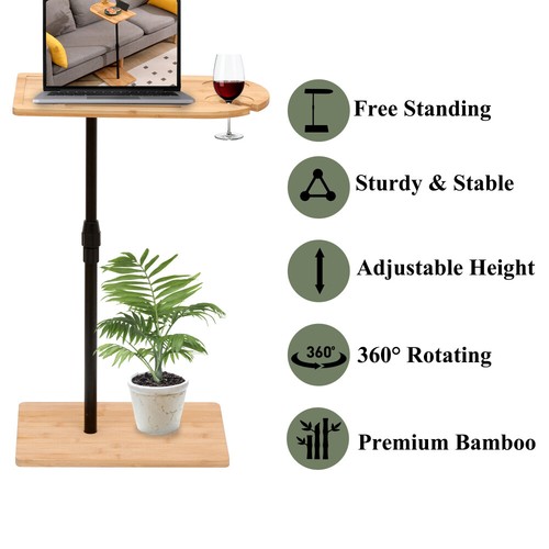 360° Couch Sofa Tray Table for Small Spaces Bamboo Side Table Height Adjustable - Picture 7 of 18