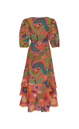 NWT FARM Rio Coral Mixed Graphic Macaws Puff Sleeve Ruffle Hem Midi Wrap Dress S - Picture 11 of 14