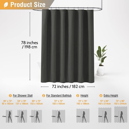 Charcoal Grey Long Shower Curtain 72x78 Thick Linen Fabric Weighted Waterproof - Picture 5 of 6